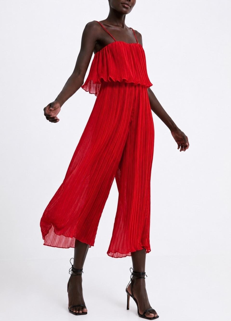 Zara Red Pleated Strappy Wide Leg Culotte Jumpsuit Ruffle Overlay Size M - Picture 1 of 10
